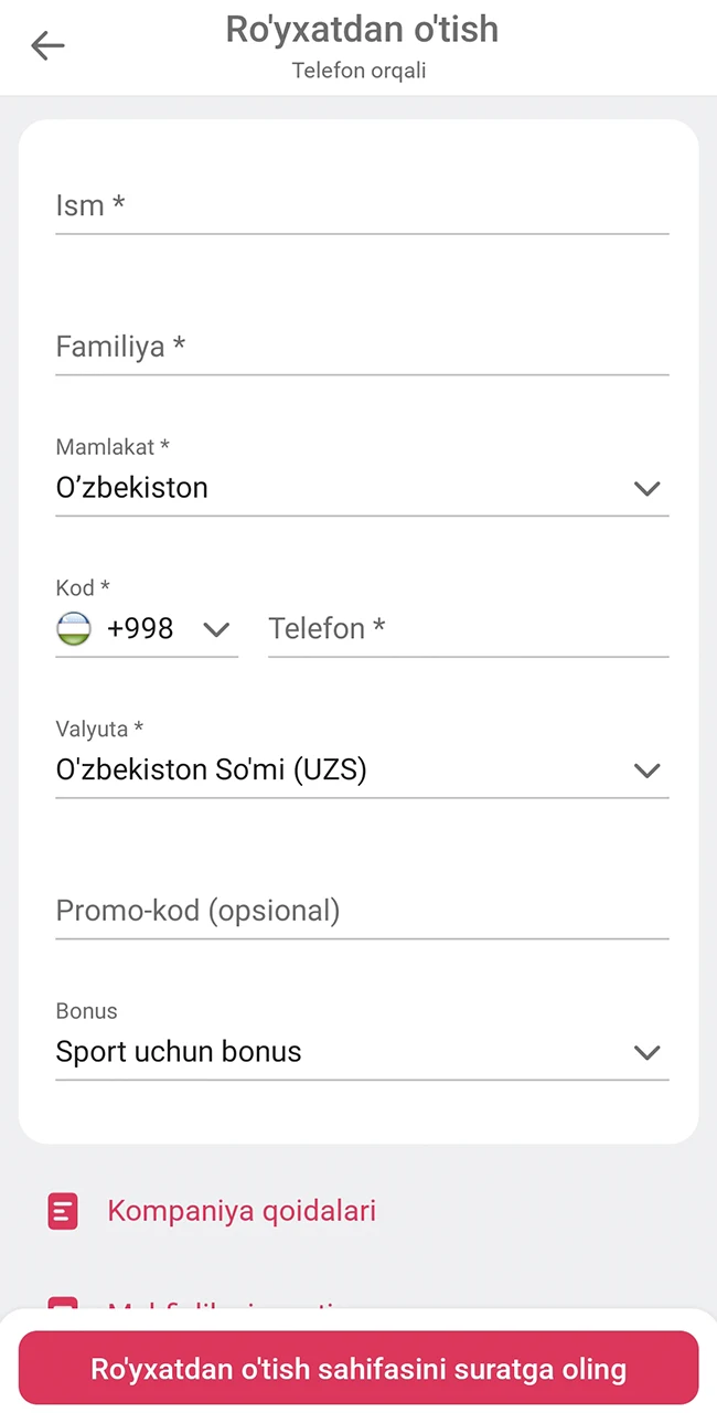 DBbet veb-saytida ma'lumotlaringizni to'ldiring.